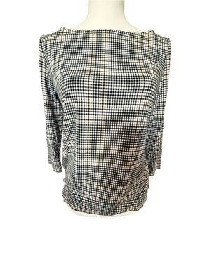 Ann Taylor Black and White Houndstooth Boatneck Long Sleeve Top